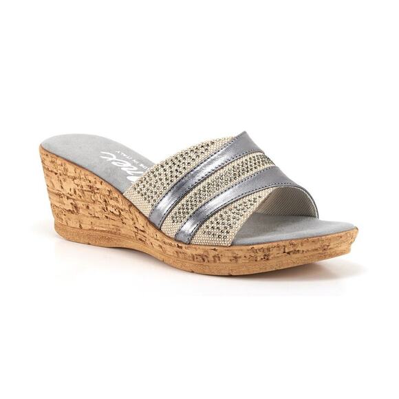 Onex Womens Blanche Leather & Textile Slip on Wedge Sandal - Pewter NEW - Picture 1 of 6
